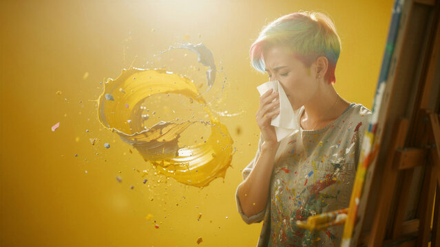 Artist with rainbow hair sneezing into a tissue with paint splashing in the air. Woman in studio suffering from allergies or cold symptoms. Health and allergy concept for creative marketing.