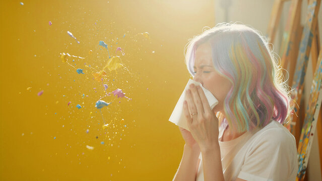 Woman with rainbow hair sneezing into a tissue with colorful paint splatters. Artist blowing nose against yellow background in sunlit studio. Allergy concept for health and creative marketing.