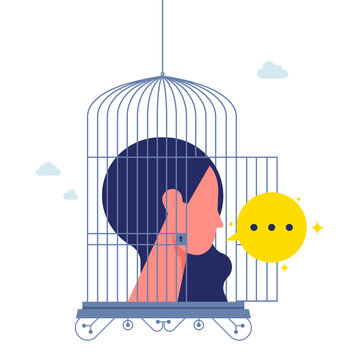 Freedom of speech or freedom of thought, giving more opportunity to express opinion, encouragement and support in workplace concept, opening cage over woman head to release thought bubble