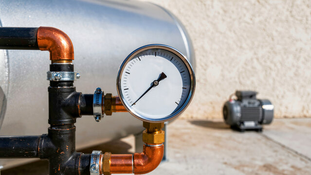 Pressure gauge on industrial pipes and tank. Copper fittings and plumbing lines near a blurred motor. Monitoring concept, ideal for industrial utility and engineering marketing.