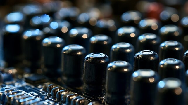 Close up of an array of electrolytic capacitors on a computer motherboard circuit board.