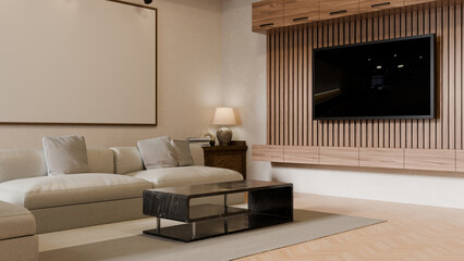Fototapeta premium 3D Illustration of Modern Minimalist Living Room Interior with Wooden TV Wall, Marble Coffee Table and Beige Sofa