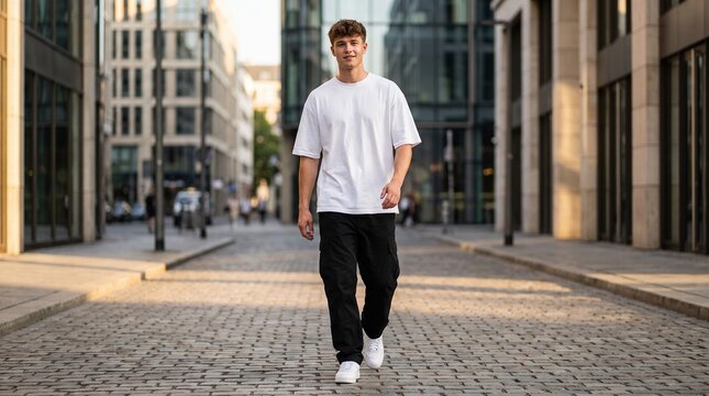 Full body of young man in oversized white t-shirt and cargo pants walking down cobblestone urban street towards camera.