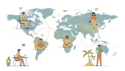 Fototapeta premium Remote workers and digital nomads connecting around world map concept