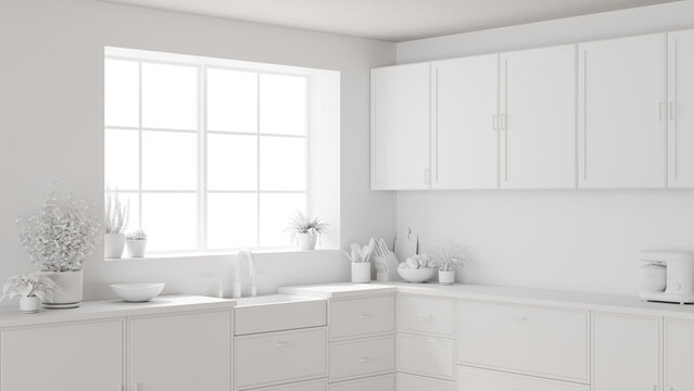 3D Illustration White Minimalist Kitchen Interior Design with Cabinets, Sink, and Plants