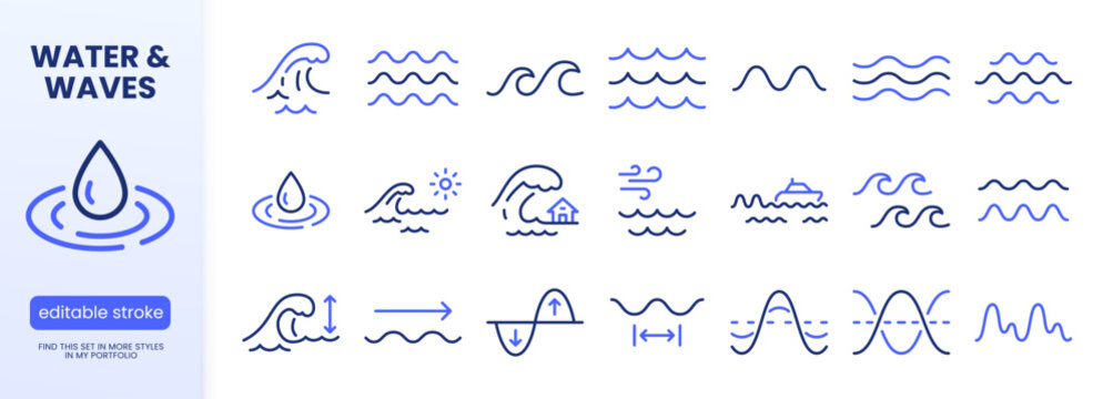 Water waves line icon set. Sea water, lake ripples, ocean storm, tsunami minimal vector illustrations. Simple outline signs for marine weather forecast. Blue duotone color. Editable Stroke.