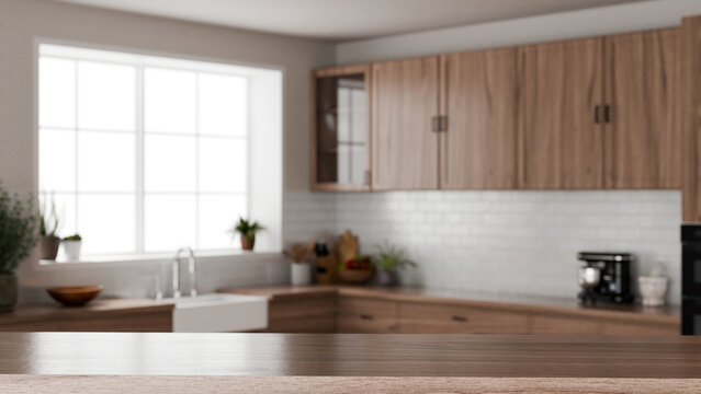 3D Illustration of Modern Scandinavian Kitchen Interior with Wooden Countertop and Blurred Background