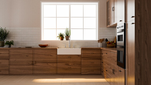 3D Illustration of Modern Scandinavian Kitchen Interior with Wooden Cabinets and Farmhouse Sink