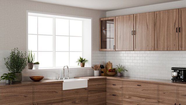 3D Illustration of Modern Scandinavian Kitchen Interior with Wooden Cabinets, Farmhouse Sink, and Indoor Plants