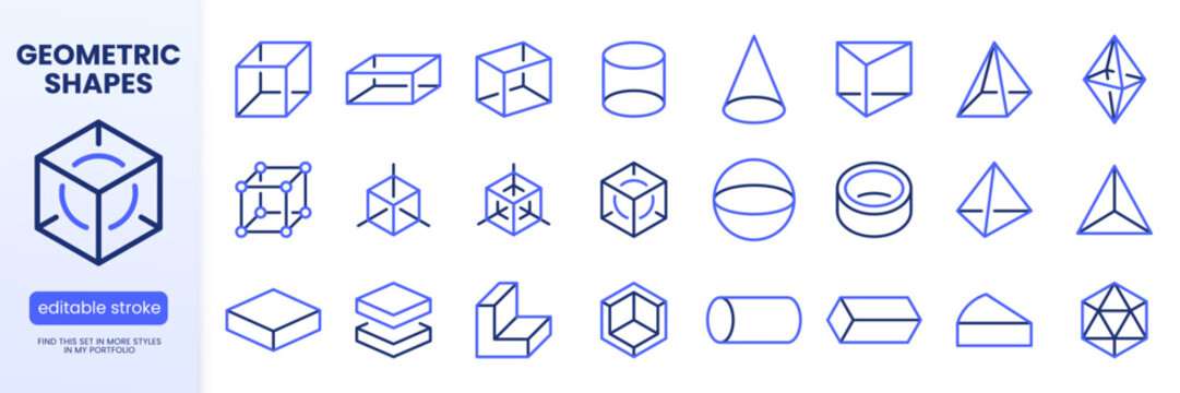 Geometry line icon set. Cube, sphere, pyramid, cylinder, cone, torus, prism, octahedron minimal vector illustrations geometric shapes. Simple outline signs. Blue duotone color. Editable Stroke.