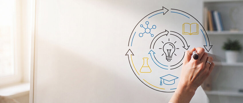 Learning cycle diagram drawn on glass board with colorful icons by hand in bright office light, presenting continuous education, science innovation, and research strategy