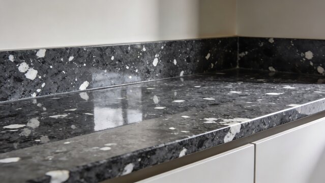 Polished Dark Terrazzo Countertop with White Stone Chips in Modern Kitchen