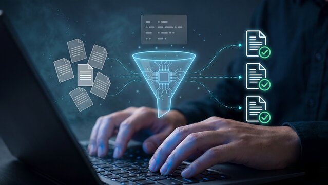 Intelligent document processing and data filtering concept with person using laptop and digital funnel chip sorting unorganized files into approved verified records for workflow automation