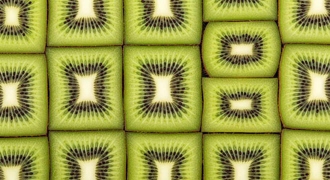 Fresh green kiwi fruit slices arranged in a seamless repeating pattern design