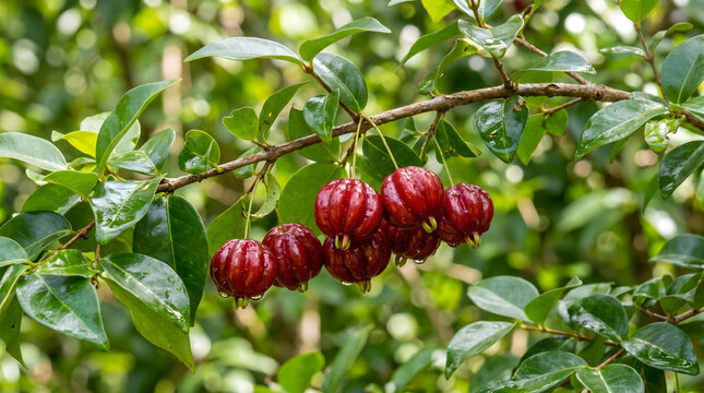 Ripe Surinam cherries hanging on a branch. Fresh tropical pitanga fruit in a garden.