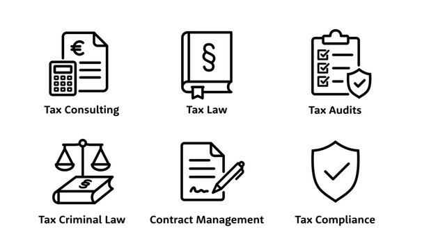 Tax law and legal services vector icon set