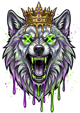 An angry wolf king mascot wearing golden crown clipart illustration on transparent background delivers aggressive streetwear branding artwork for edgy youth apparel merchandise prints.