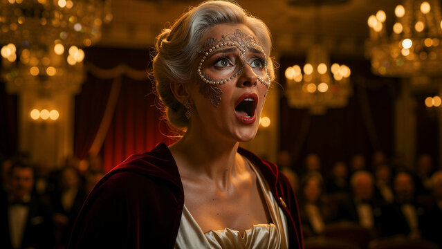 Elegant opera singer performing on stage in a grand theater. Woman wearing ornate pearl mask and velvet cloak singing under chandeliers. Performance art concept for luxury music marketing.