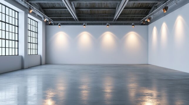 Spacious empty modern industrial gallery room with white walls concrete floor large windows natural light and ceiling spotlights for art exhibition display