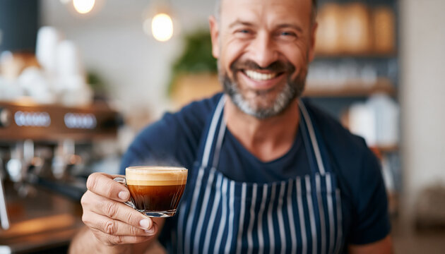 Smiling barista serving freshly brewed espresso in a modern coffee shop, friendly caf&eacute; owner holding a cup of premium coffee, hospitality, customer service and small business concept