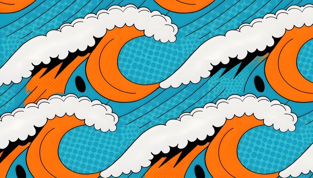 Retro 1960s surf culture wave pattern background in vibrant orange and turquoise pop art style