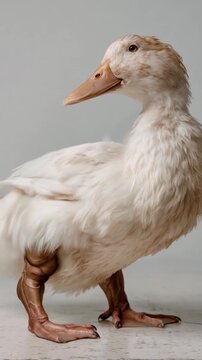 Fluffy white duck with unusually muscular and veiny legs walking slowly inside a studio with a plain background, showcasing its powerful and defined leg muscles in a close up profile view