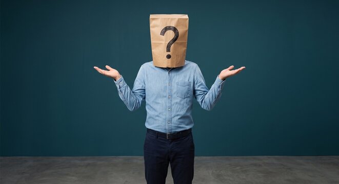 Anonymous man shrugging with paper bag and question mark on head