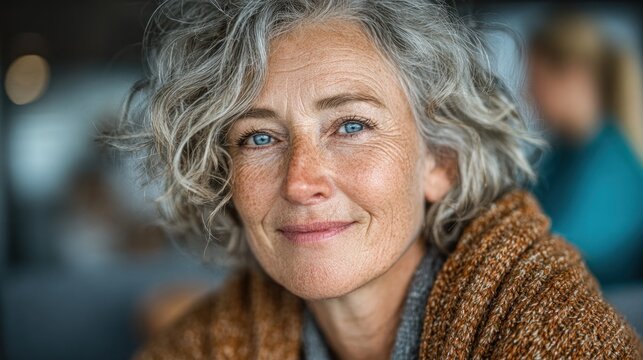 Blond elderly woman with blue eyes and a brown sweater looking at the camera