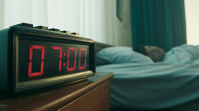 Digital alarm clock showing 7:00 AM beside a sleeping person in bed, early morning wake up routine, bedroom lifestyle, healthy sleep schedule and morning alarm concept