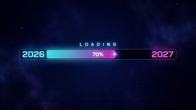 Futuristic loading progress bar between years 2026 and 2027 at 70 percent