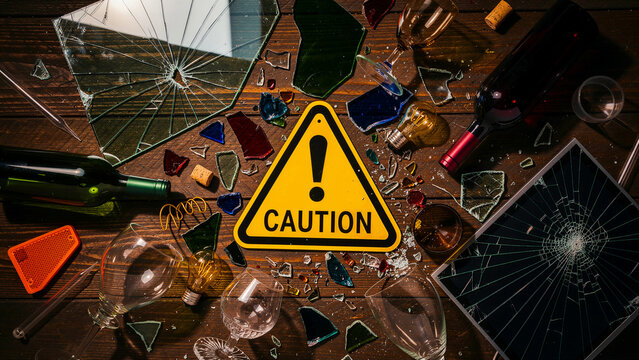 Yellow caution sign surrounded by broken glass and wine bottles on a wooden floor. Shattered electronics and shards create a hazardous scene. Safety awareness and accident prevention concept.
