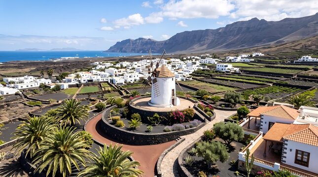 Historic lighthouse roundabout. Coastal town landscape. Volcanic mountain backdrop. Travel destination photography