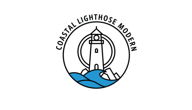 Coastal lighthouse logo design depicting a minimalist tower over blue ocean waves inside a circular frame.
