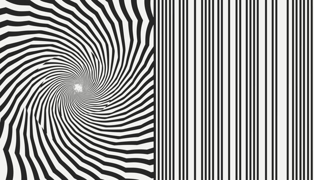 Contrast optical illusion graphic showing a black and white hypnotic spiral next to clean vertical stripes.