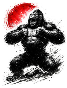 An angry Japanese gorilla ink tattoo streetwear graphic with red sun on transparent background delivers an aggressive primate print design created in traditional sumi-e brush paint style