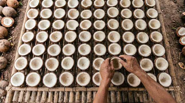 Farmer hands arranging halved coconuts on bamboo drying rack for copra production