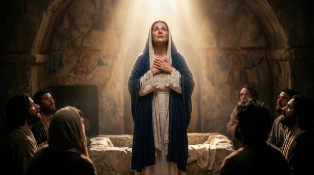 Mary holy Assumption: divine beam, gaze upward, stone tomb, devout disciple, heavenly glow, pious mother, ancient crypt, ascend spirit, grieve follower, miraculous transition.