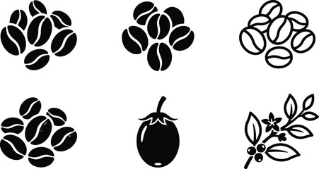 Roasted coffee beans icon set, black minimalist coffee seed vector illustrations, organic coffee plant branch and berry symbols for cafe branding © SK RUMAN