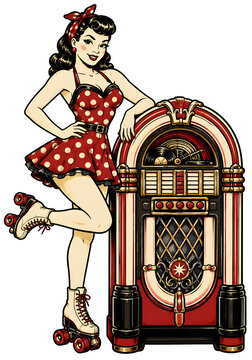 A vintage retro pinup girl on roller skates leaning on a classic jukebox sticker clipart with a transparent background brings 1950s diner nostalgia to custom rockabilly apparel prints