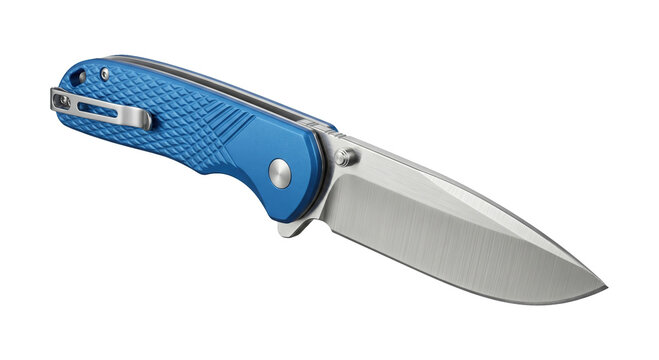 Closed folding pocket knife with textured blue handle and steel blade high quality 4K PNG image in white background