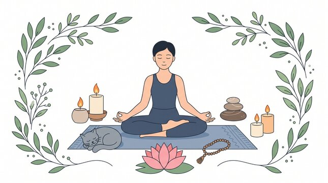 Minimalist yoga illustration showing a meditating person surrounded by candles, lotus, stones, cat, beads, mat, and leaves symbolizing calmness.