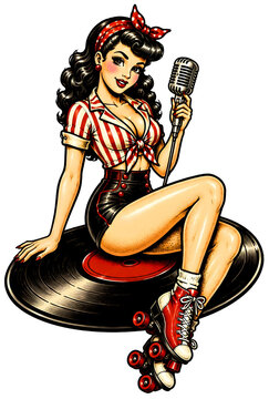 A vintage retro pinup roller skate girl singer sitting on a vinyl record makes a cool sticker clipart on a transparent background, perfect for custom rockabilly music apparel branding