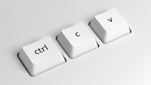 A close-up of the Ctrl+C and Ctrl+V keys. Copy paste keyboard shortcuts. 3d illustration.