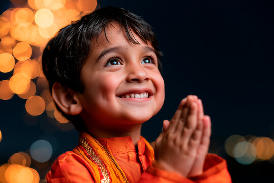 Happy asian child celebrating diwali festival with firework background 