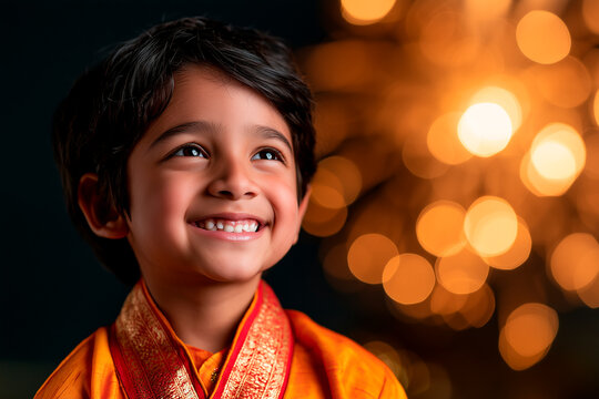 Happy asian child celebrating diwali festival with firework background 