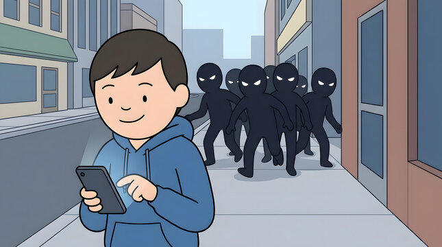 Boy using smartphone with menacing shadows in urban street.