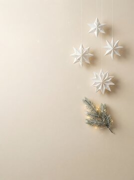 Scandinavian Minimal Christmas Background with Handmade Paper Stars, Pine Branches and Copy Space