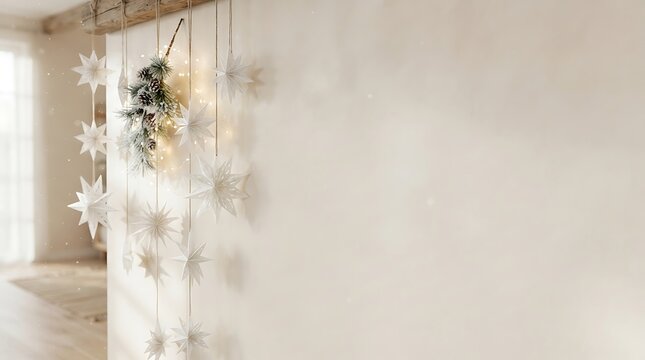 Scandinavian Minimal Christmas Background with Handmade Paper Stars, Pine Branches and Copy Space