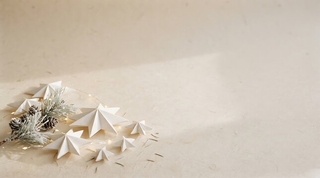 Scandinavian Minimal Christmas Background with Handmade Paper Stars, Pine Branches and Copy Space