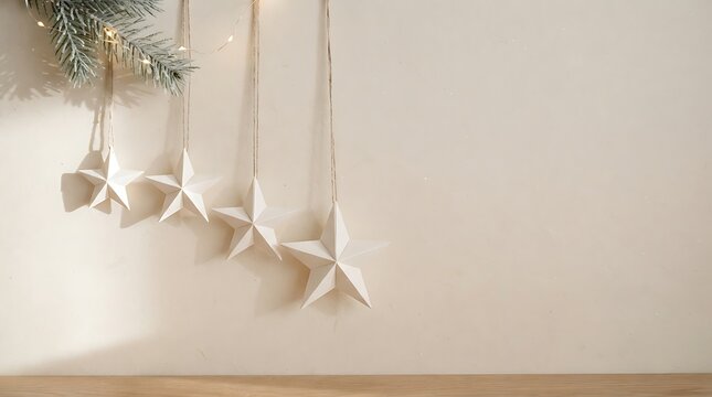 Scandinavian Minimal Christmas Background with Handmade Paper Stars, Pine Branches and Copy Space